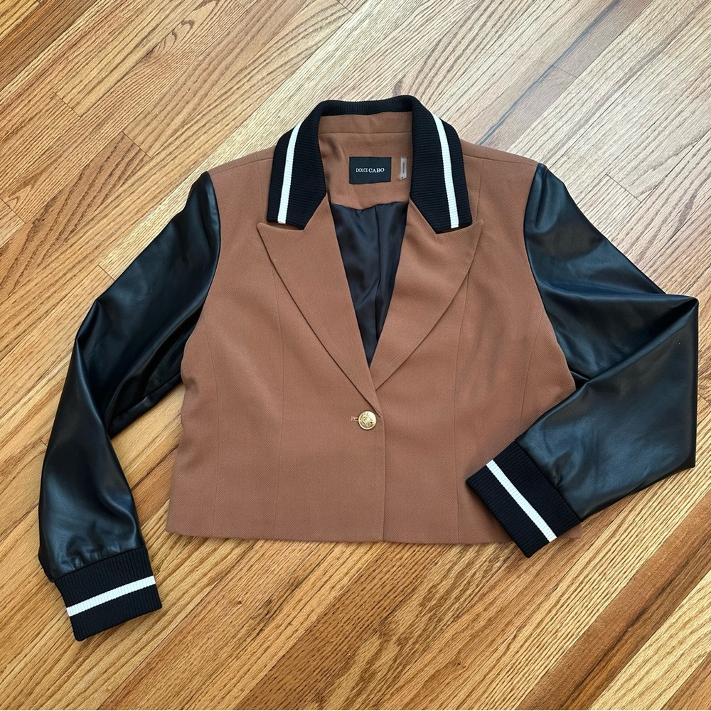 Dolce Cabo Brown Cropped Blazer with Black Faux Leather Sleeves
